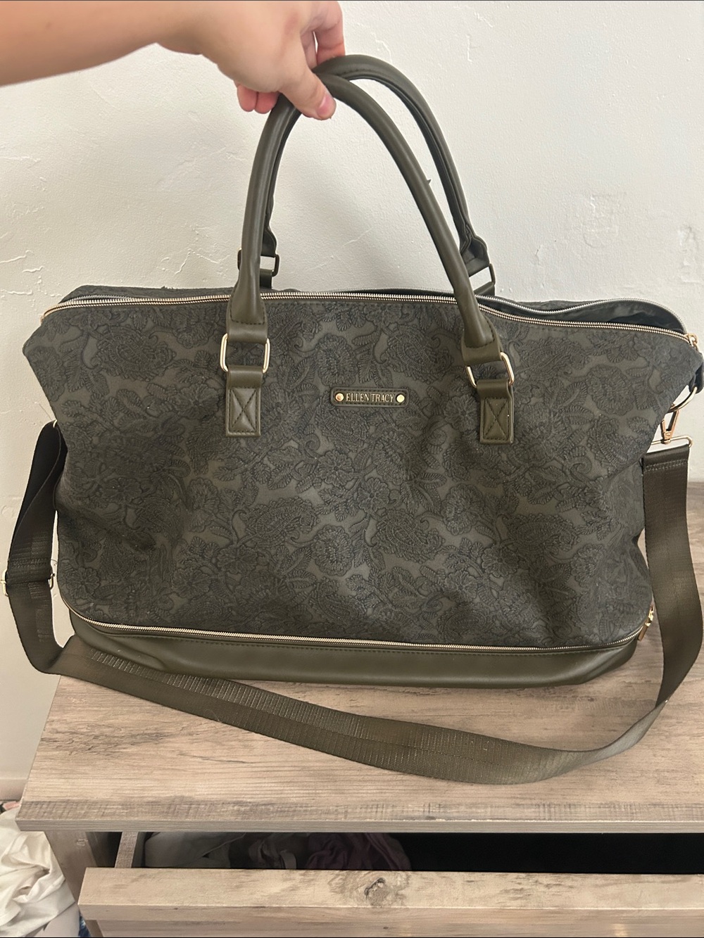 Ellen Tracy Olive Paisley-Print Duffel Bag with Gold Hardware